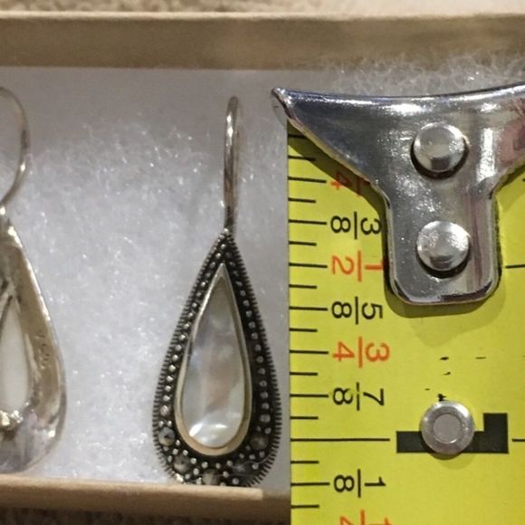 Sterling Silver 925 Marcasite Outlined Mother of Pearl Drop Earrings - Picture 6 of 13